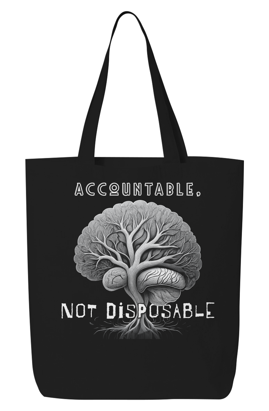 Black Accountable, Not Disposable Eco Tote Bag with tree and brain image