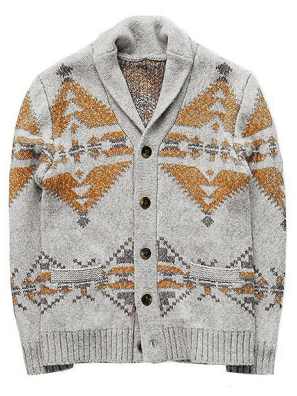 Southwestern Knit Shawl Collar Cardigan for Men – Rustic Vintage Winter Sweater