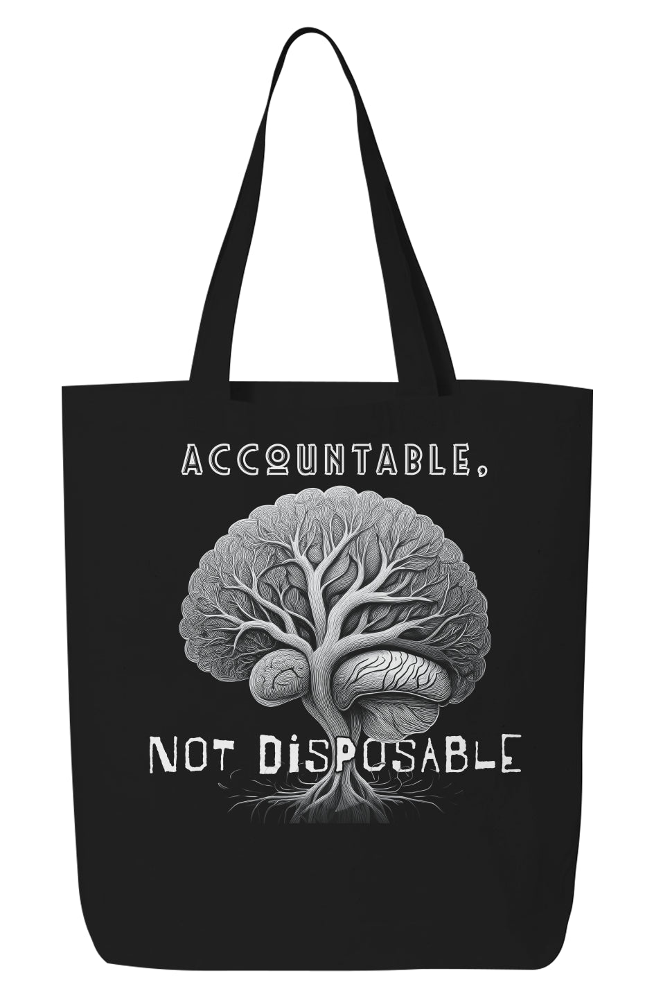 Black Accountable, Not Disposable Eco Tote Bag with tree and brain image