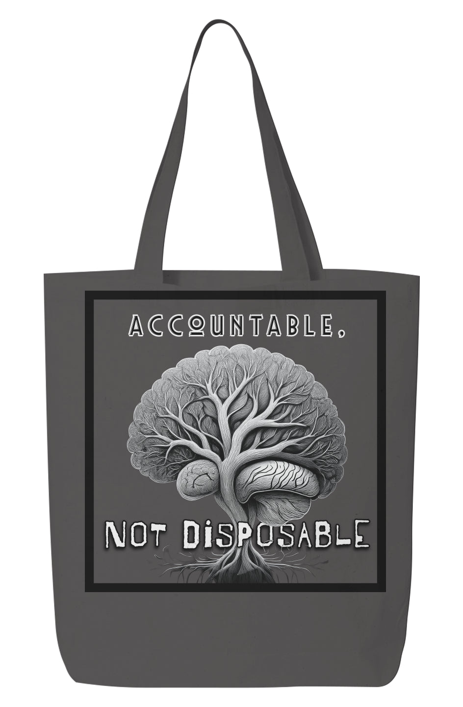 Grey Accountable, Not Disposable Eco Tote Bag with tree and brain image