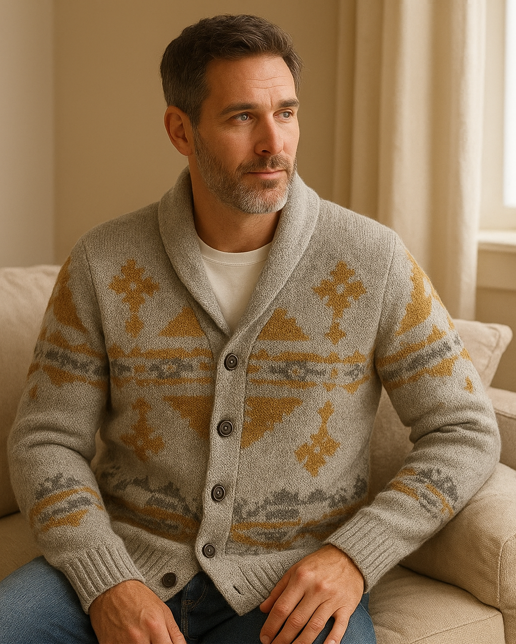 Man wearing a patterned sweater sitting on a couch.