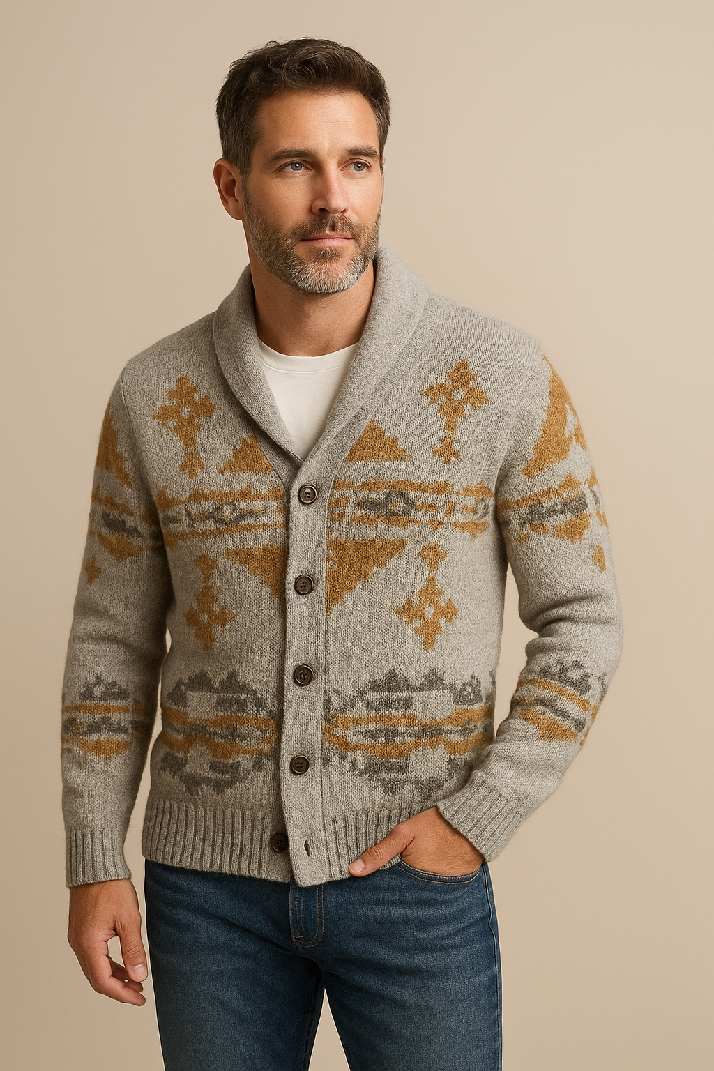 Man wearing a patterned cardigan with a neutral background