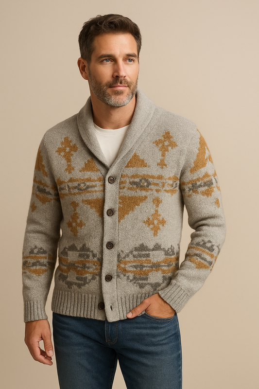 Man wearing a patterned cardigan with a neutral background