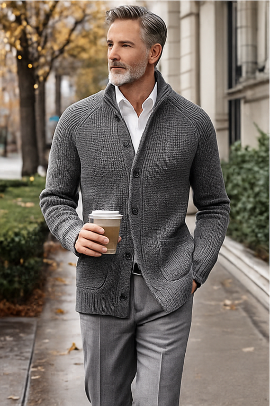 Man wearing a gray cardigan and holding a coffee cup on a sidewalk.