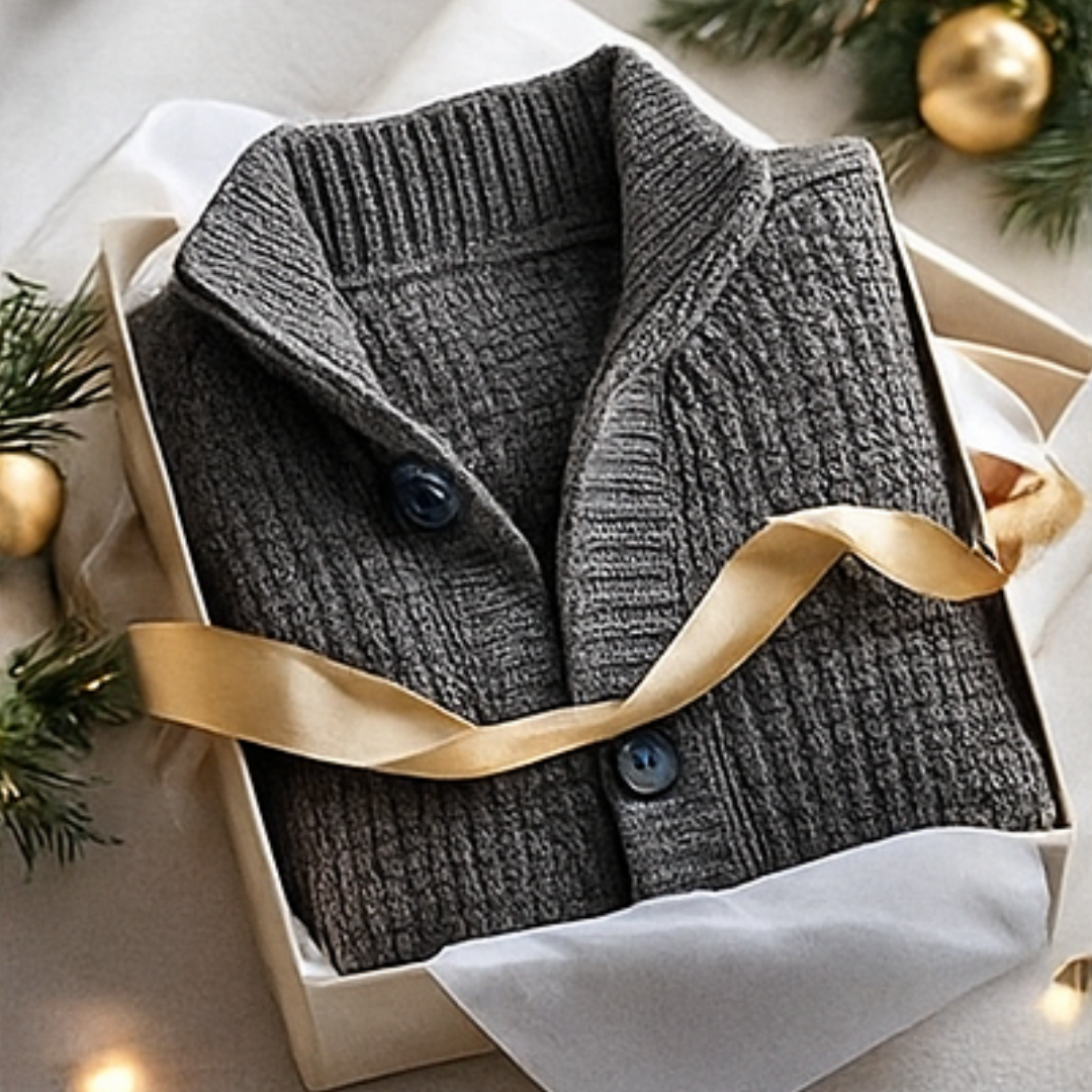 Gray textured cardigan with gold ribbon in a box, surrounded by Christmas decorations.