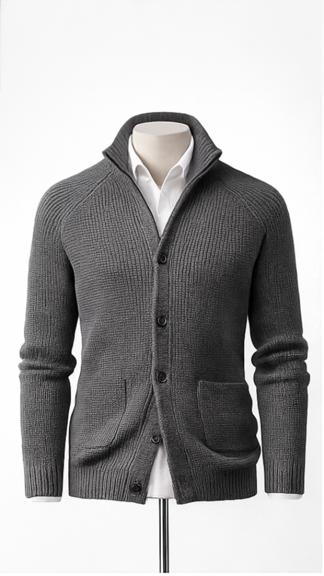 Gray cardigan on a mannequin with a white shirt underneath against a white background