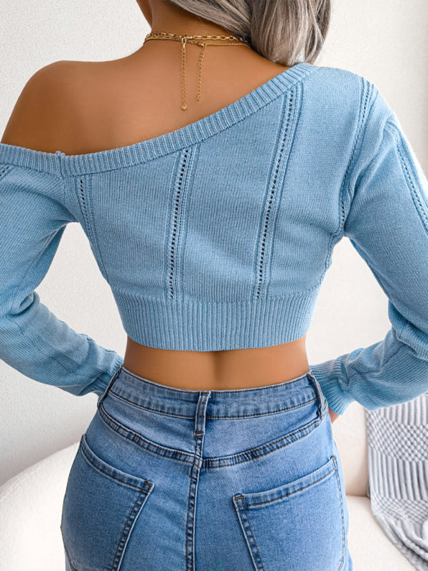 Women's Casual Off Shoulder Long Sleeve Crop Sweater