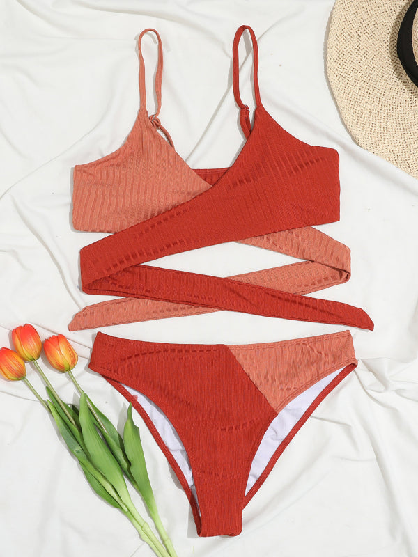 Sexy Color Block Swimsuit with Cross Strap Top and High Waist Bikini
