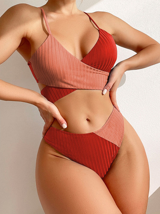 Sexy Color Block Swimsuit with Cross Strap Top and High Waist Bikini