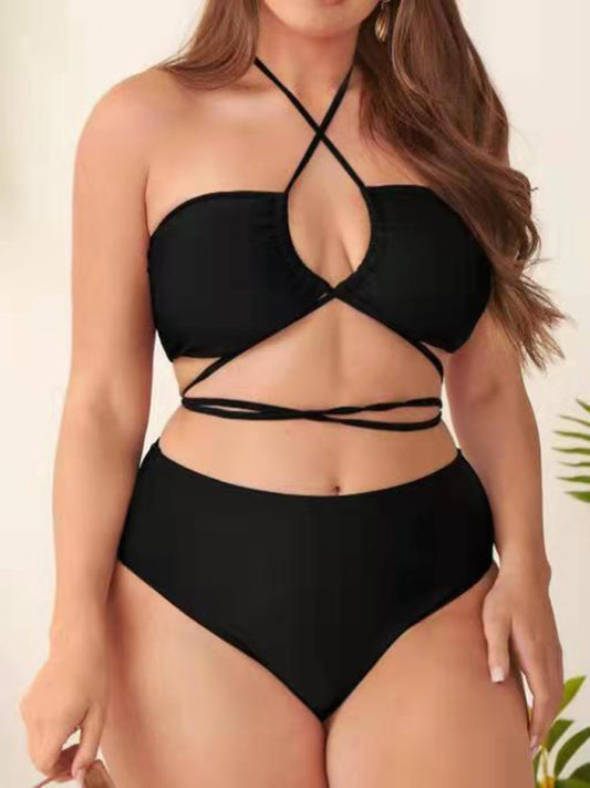 Plus Size Halter Backless Cross Strap Bikini Set