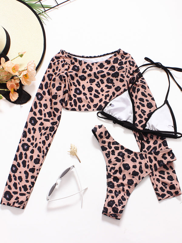 Women's Sexy Animal Print Three-Piece Swimsuit With Long Sleeves